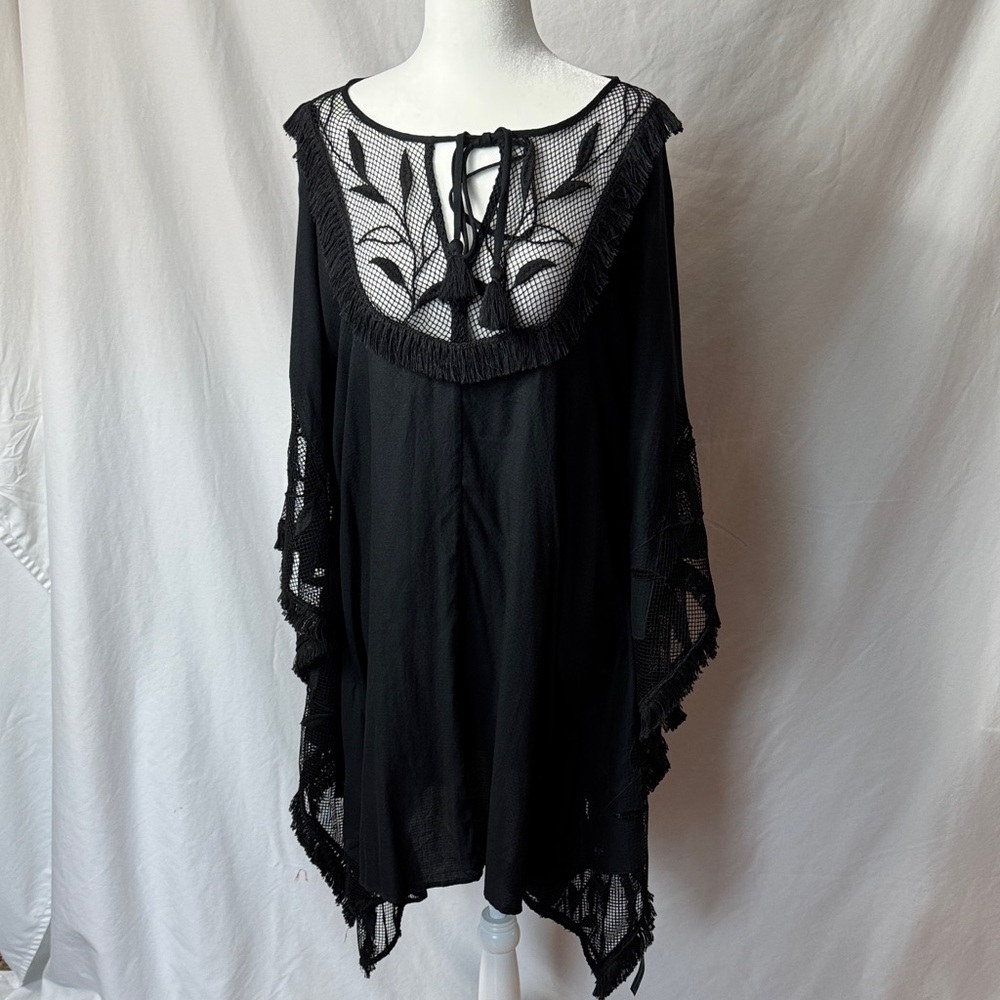 Anthropologie Black Mesh and Fringe Poncho